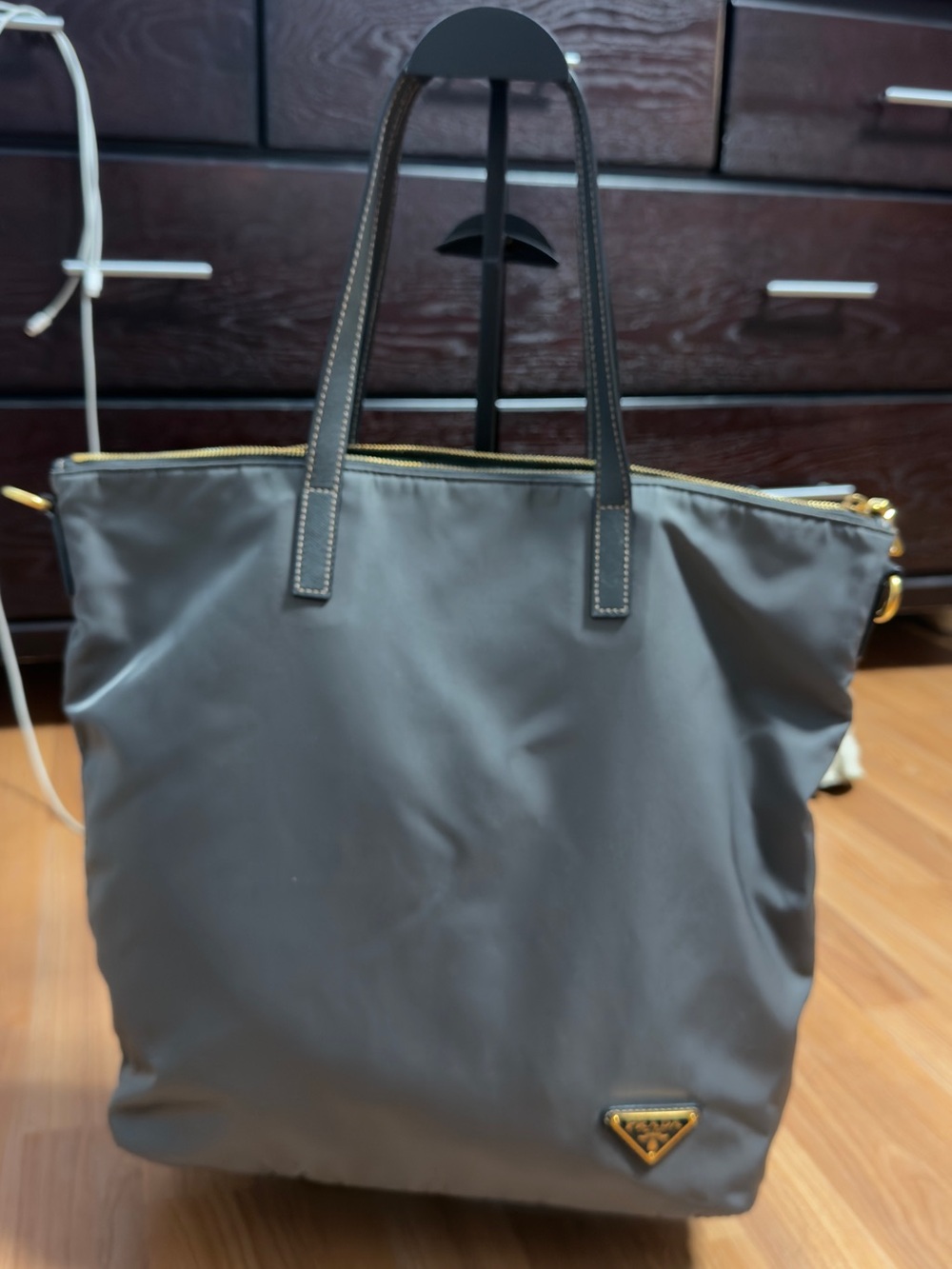 PRA DA Gray Nylon Tote Bag with Gold Hardware
